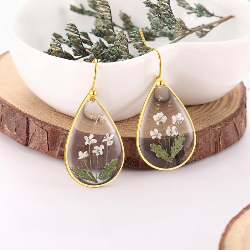 AUNTESIGN Store Forget-Me-Not and Queen Anne's Lace Pressed Wildflower Earrings | Pressed Flower Earrings | Handmade Drop and Dangle Earrings | Gift for Woman - Image 3